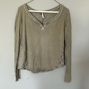 Free people green crochet and cotton longsleeve top